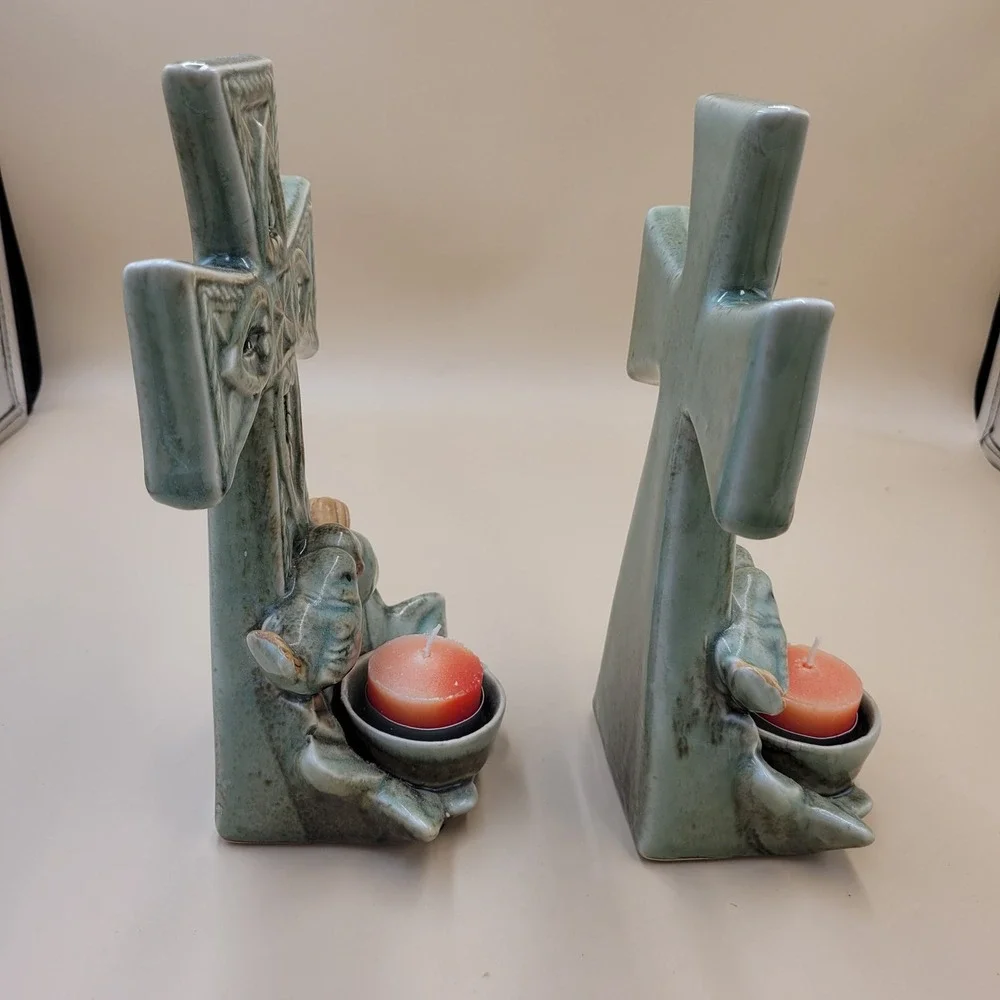 Celtic Cross Ceramic Candle Holder Set of 2 Blue Green Glaze with Birds Decor